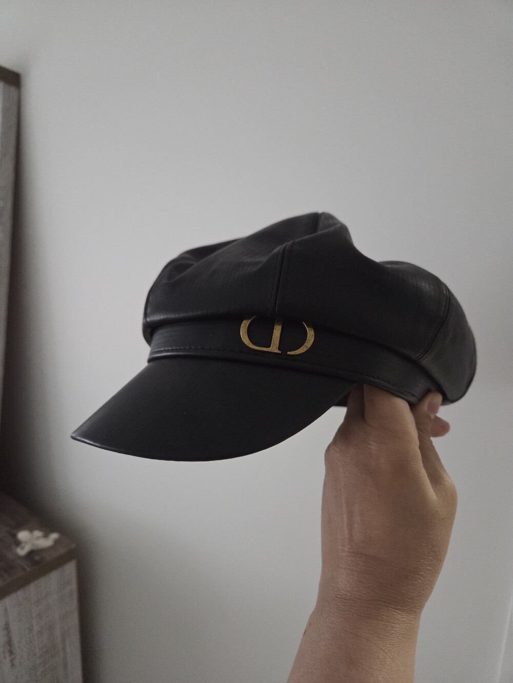 Black Leather Newsboy Cap with Gold Accent
